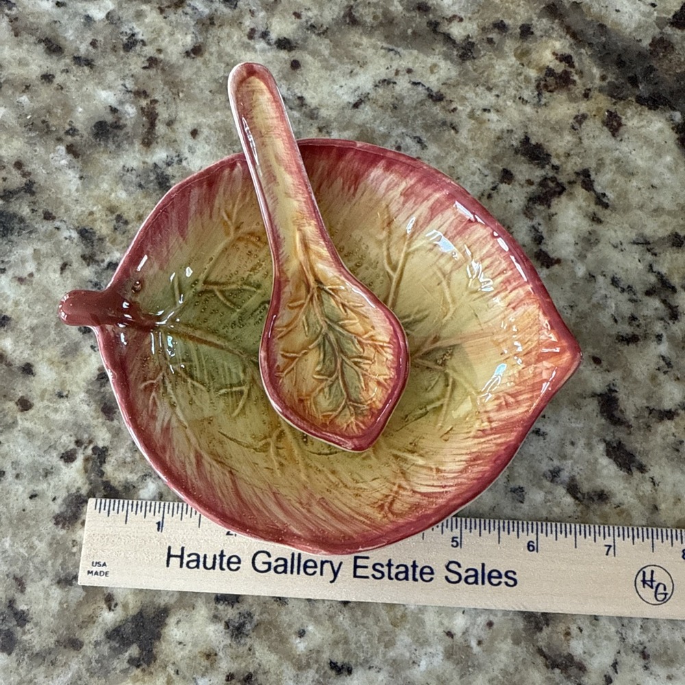 GKAO 2 Pc Ceramic Set IOB Bowl Spoon Leaf Holiday Harvest Thanksgiving 4820